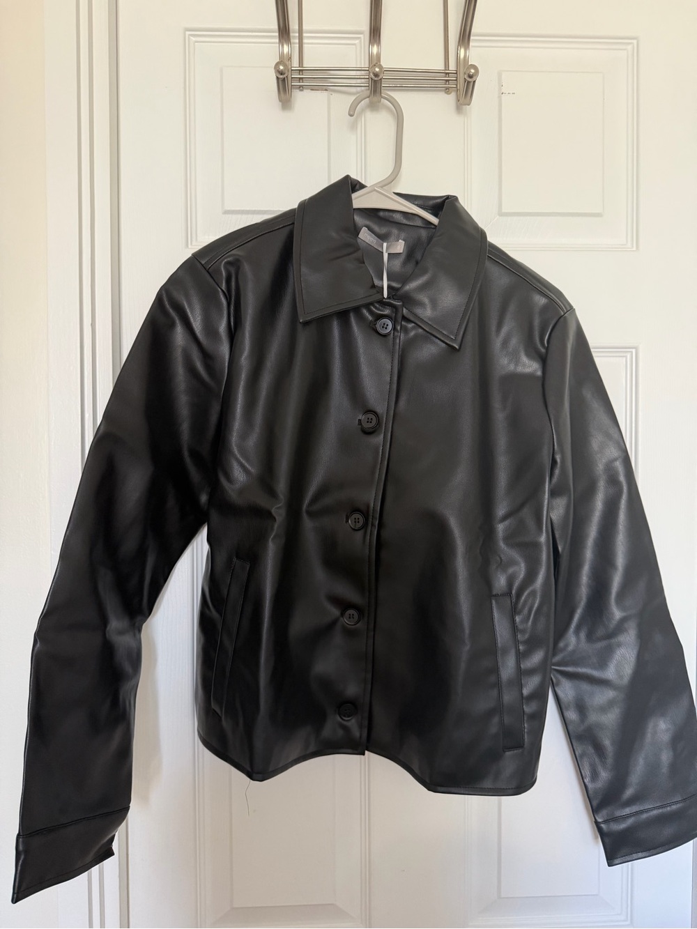Black Faux Leather Button-Up Jacket